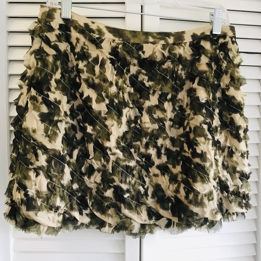 J Crew 100% Silk Camo ruffle mini skirt